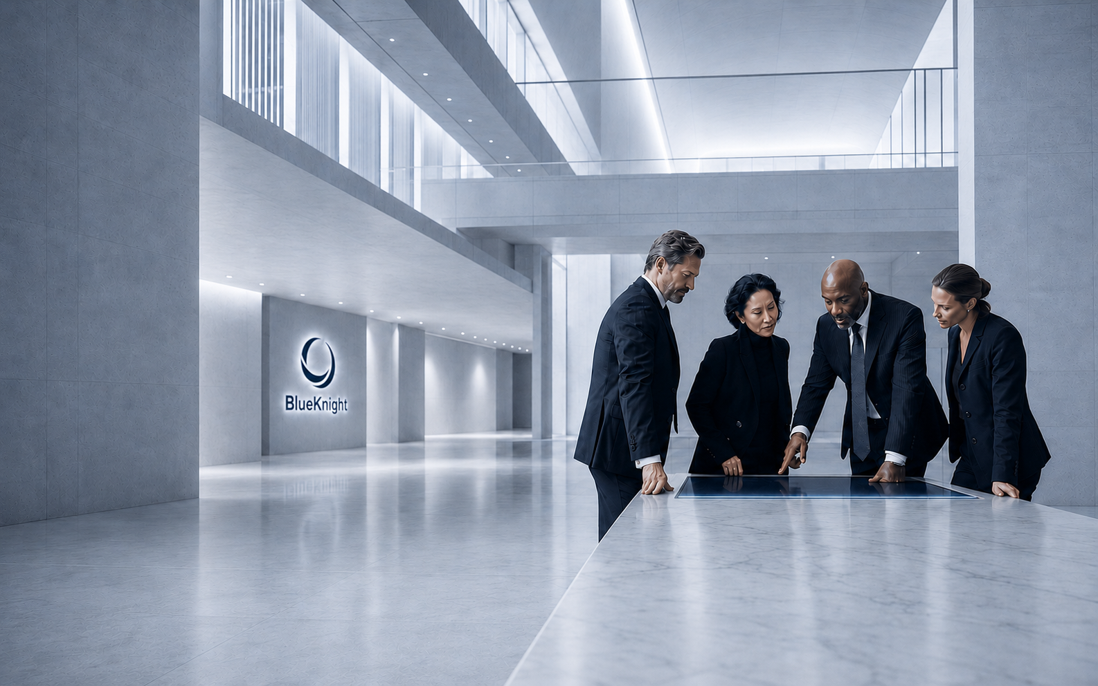 A white-marble museum interior, BlueKnight's editorial world for deal work.