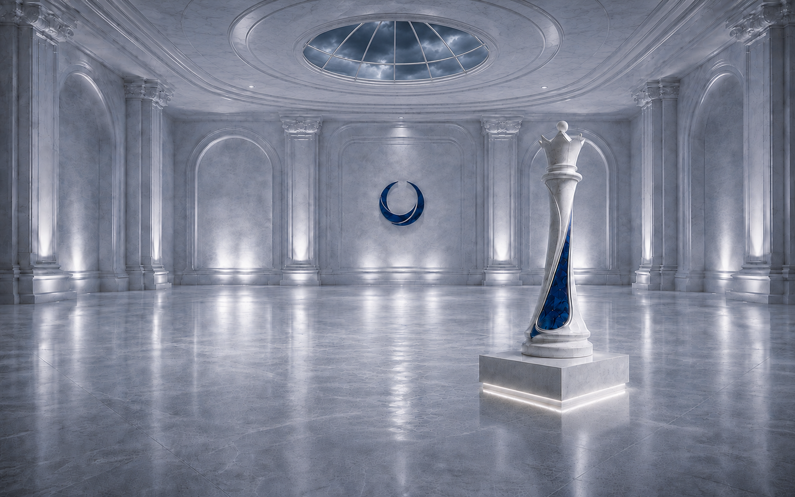 Museum corridor with sculptural forms representing investment banking mandates.
