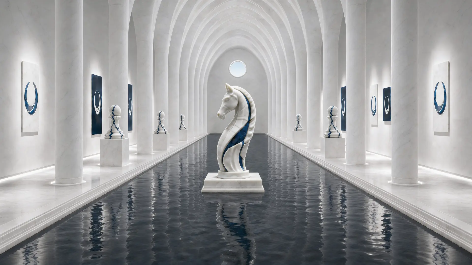 A white-marble museum interior, BlueKnight's editorial world for deal work.