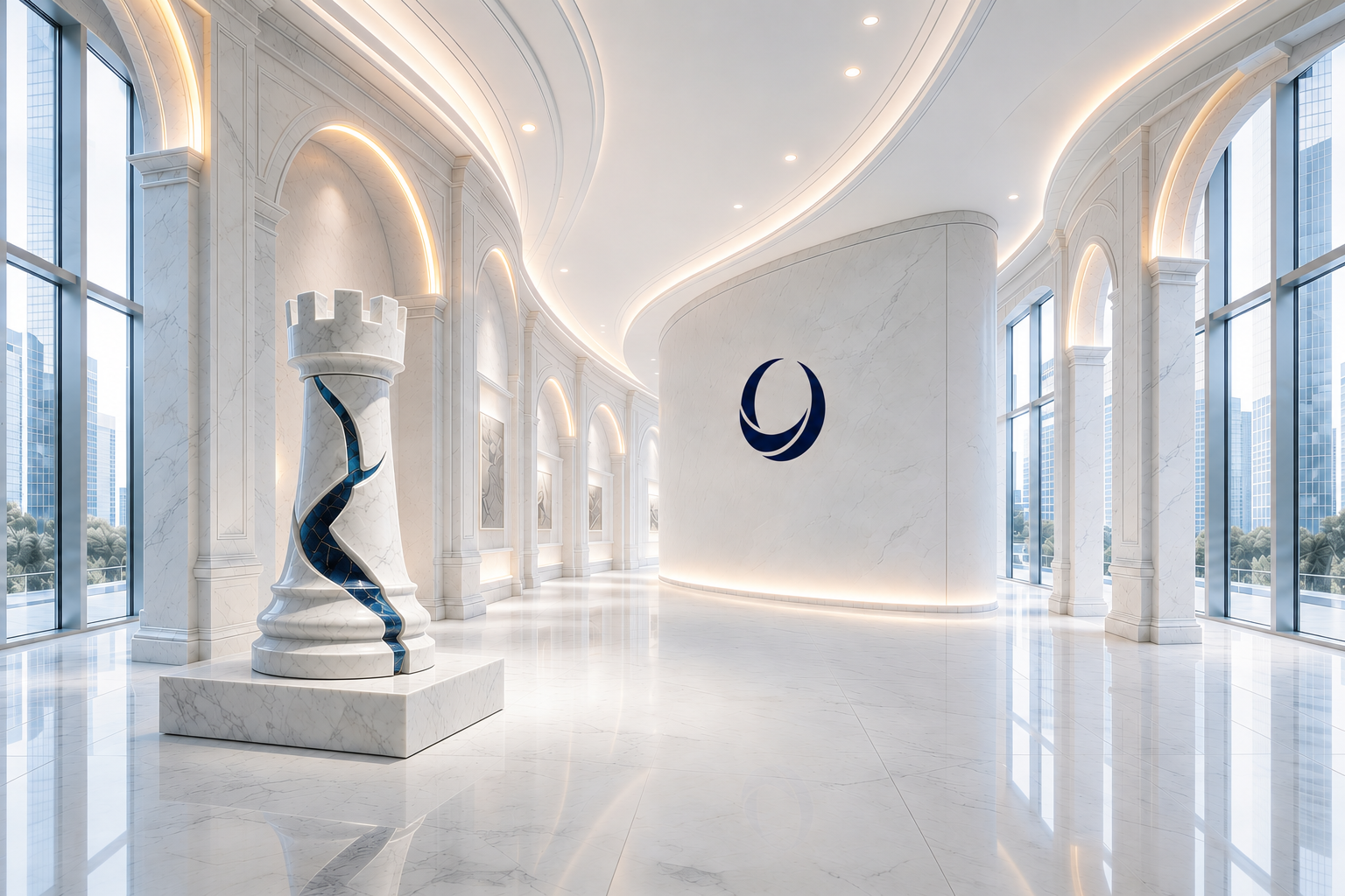 A white-marble museum corridor with classical sculptures, BlueKnight's editorial world.