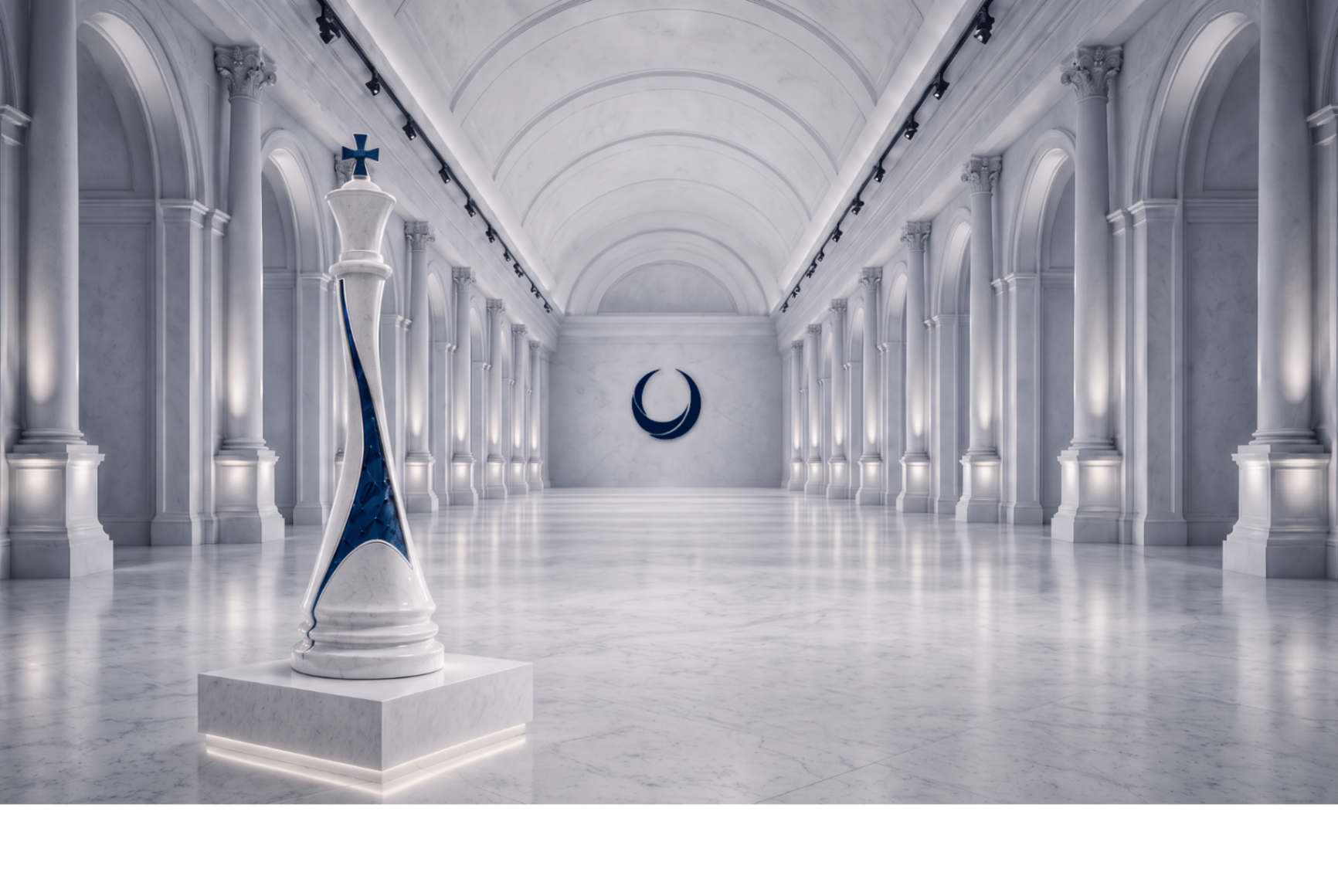 A white-marble museum corridor with a chess king on the left and the BlueKnight symbol visible in the centre background.