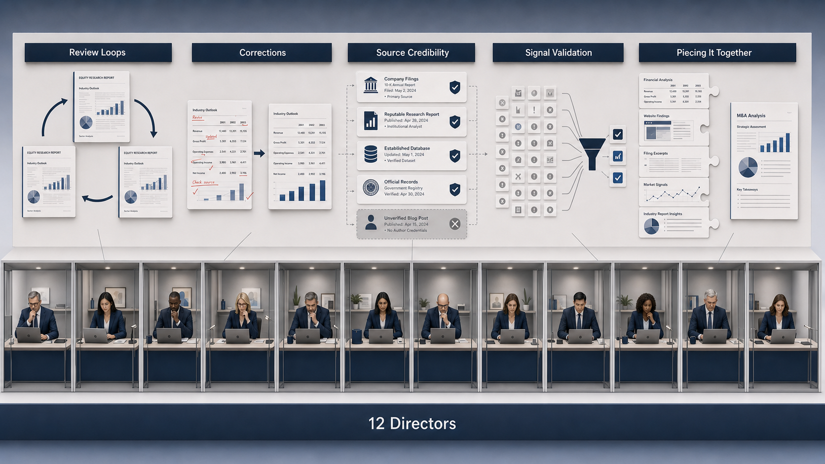 Twelve director agents reviewing and validating the analysts' work.