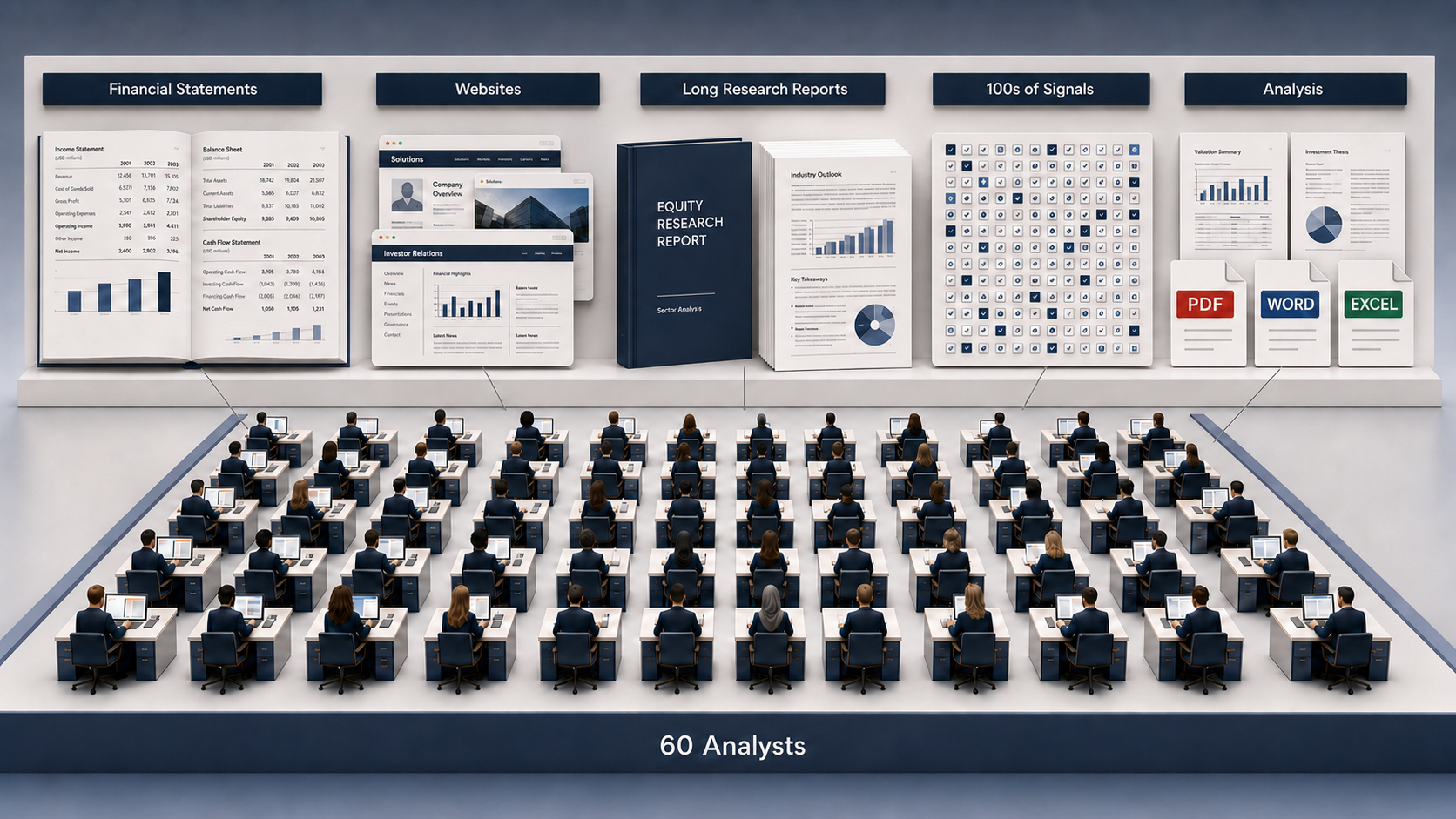 Sixty analyst agents researching sources and producing analysis.