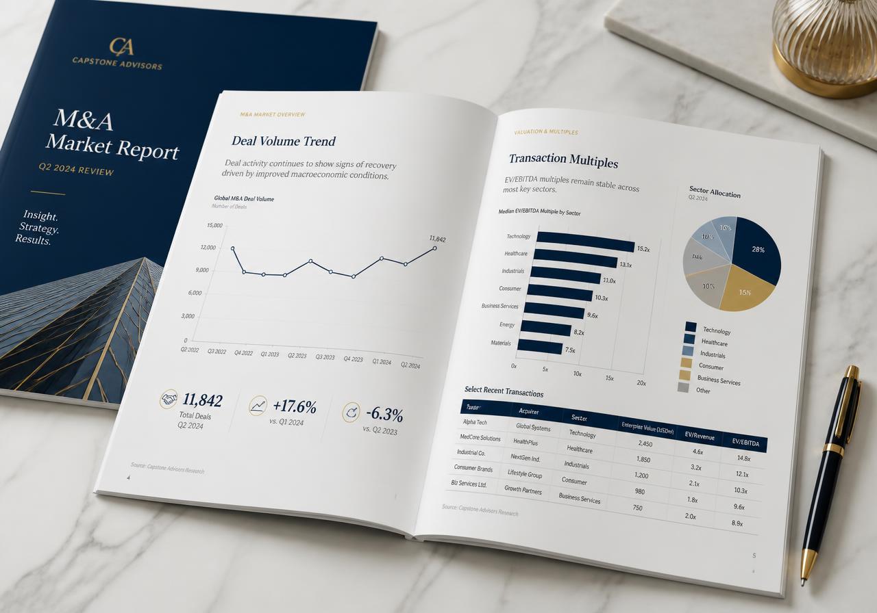 A BlueKnight M&A market report with deal-volume trend, transaction multiples and sector allocation charts.